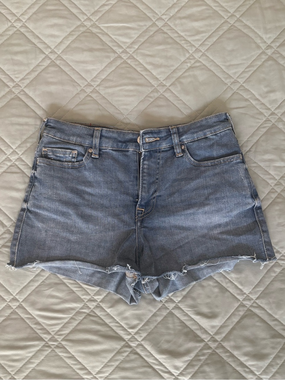 True Religion Medium Wash Frayed Hem Denim Shorts